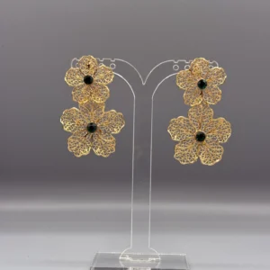 Pendientes dorados de filigrana DOBLE FLOR VERDE